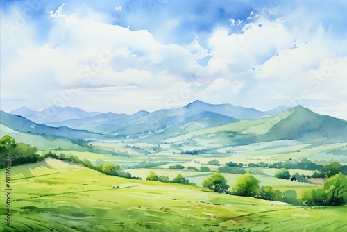 The idyllic charm of the countryside comes to life in this watercolor depiction of harmonious green valleys and gentle slopes © Елена Григорова