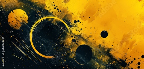 Vivid yellow and black grunge abstract with dynamic circles.