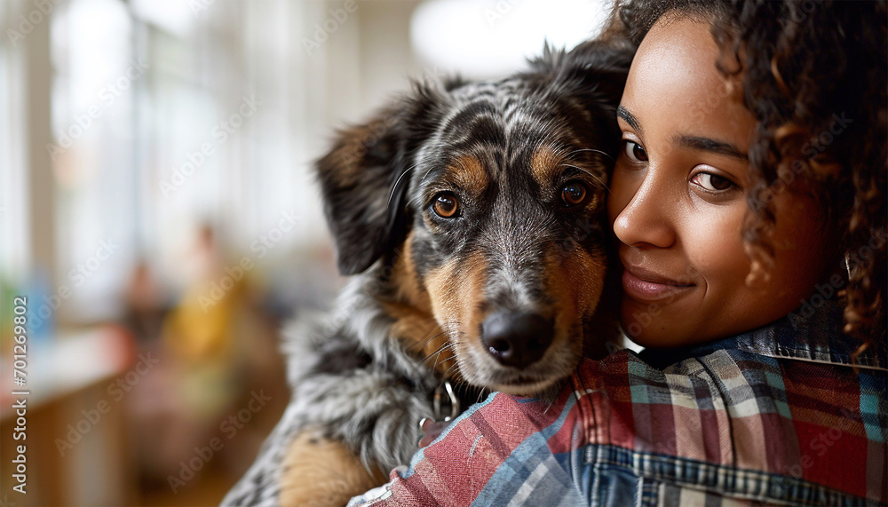 African American young woman embracing her dog. Pleased happy Afro girl gets lovely puppy, plays and embraces four legged friend with love Woman hugs dog. Humans and pets African American young woman embracing her dog. Pleased happy Afro girl gets lovely puppy, plays and embraces four legged friend with love Woman hugs dog. Humans and pets