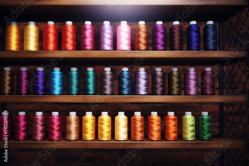 Rows of colorful spools of thread on wooden shelves, essential for any sewing project