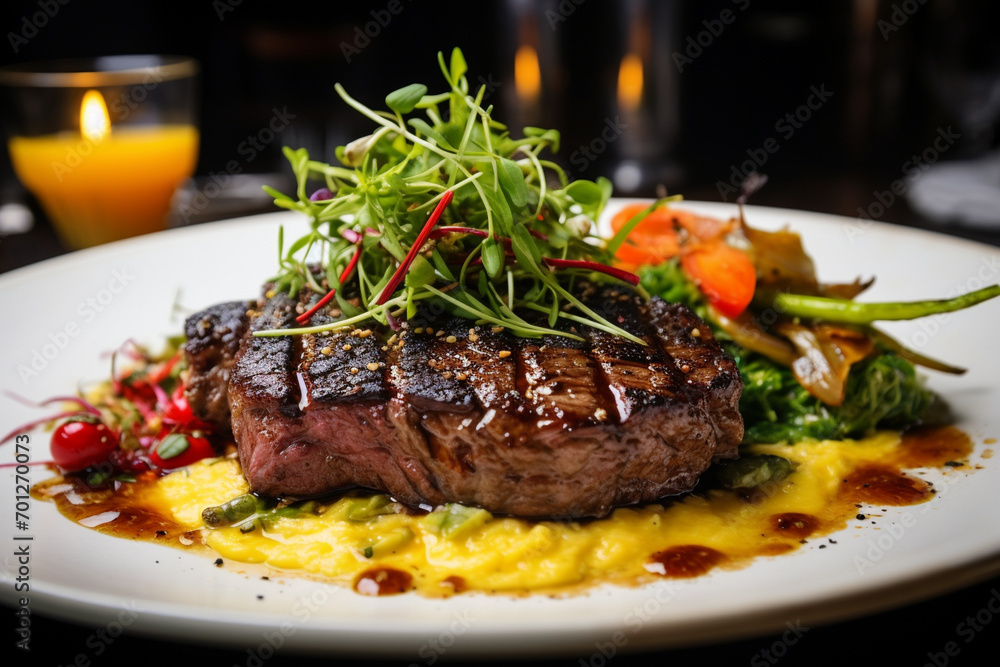 juicy chop on the table in a restaurant. big steak. generative ai juicy chop on the table in a restaurant. big steak. generative ai