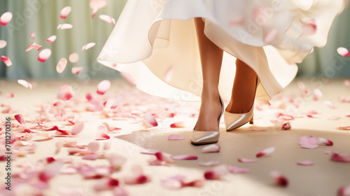Close-up of woman feet dancing in rose petals. Spring, love concept. Generative AI #701270036