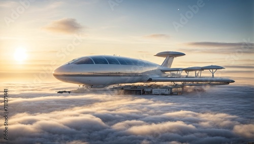 Morning Arrival at the Skyport: An airport situated high above the clouds with panoramic views. The morning sun bathes the scene in warm light. generative ai