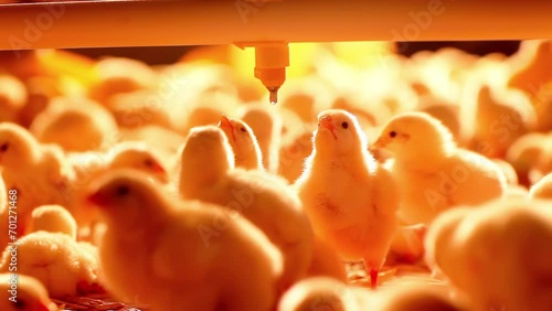 Chicken farm, eggs and poultry production. Gimbal shot, close up low angle view, indoors footage photo