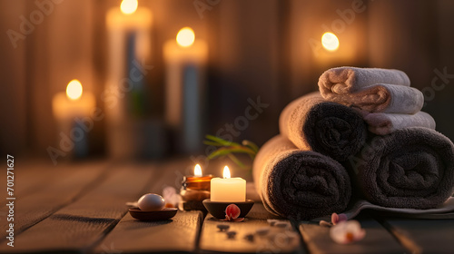 Spa brown background with towels, candles and copy space
