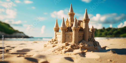 Grand intricate sandcastle on the beach during a summer day. Generative AI © AngrySun