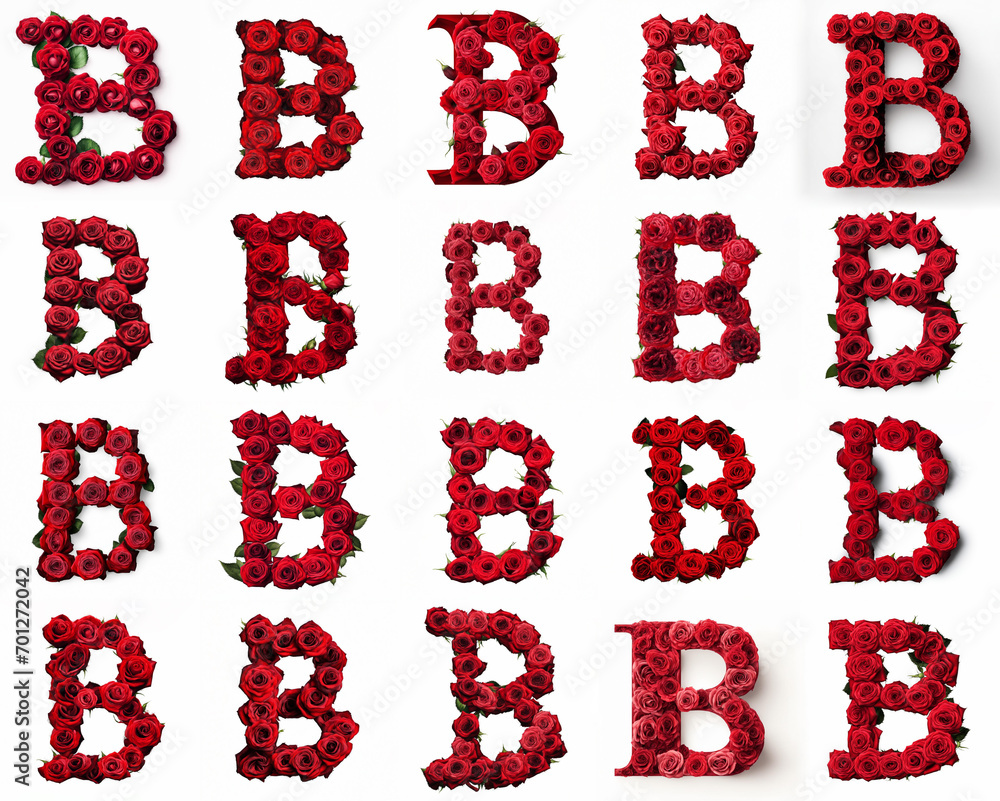 Group of various B shaped letters made from red rose flowers isolated on white background. Generative ai. Romantic blooming font theme. Group of various B shaped letters made from red rose flowers isolated on white background. Generative ai. Romantic blooming font theme.