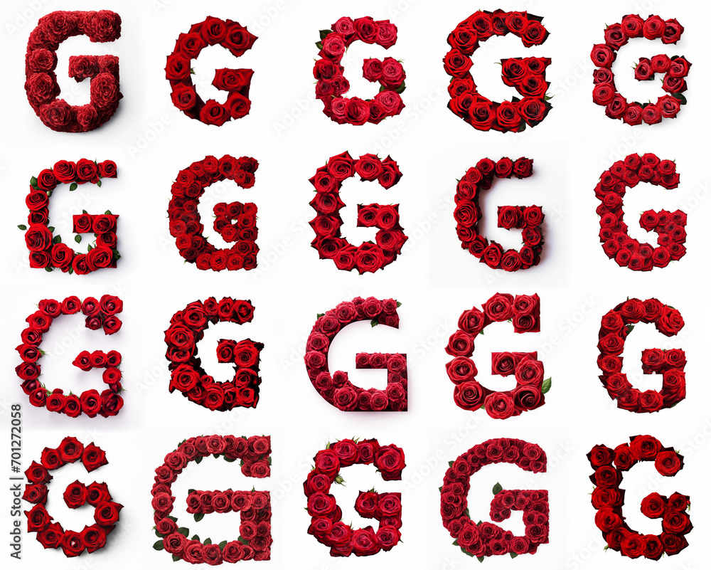 Group of various G shaped letters made from red rose flowers isolated on white background. Generative ai. Romantic blooming font theme. Group of various G shaped letters made from red rose flowers isolated on white background. Generative ai. Romantic blooming font theme.