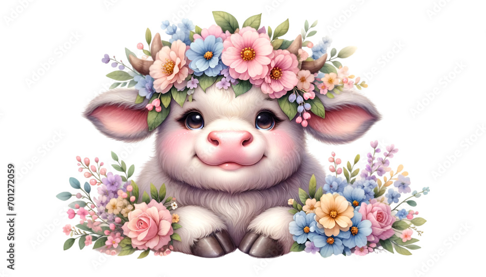 A watercolor of a ox with a beautiful flower crown for the Chinese zodiac year. A watercolor of a ox with a beautiful flower crown for the Chinese zodiac year.