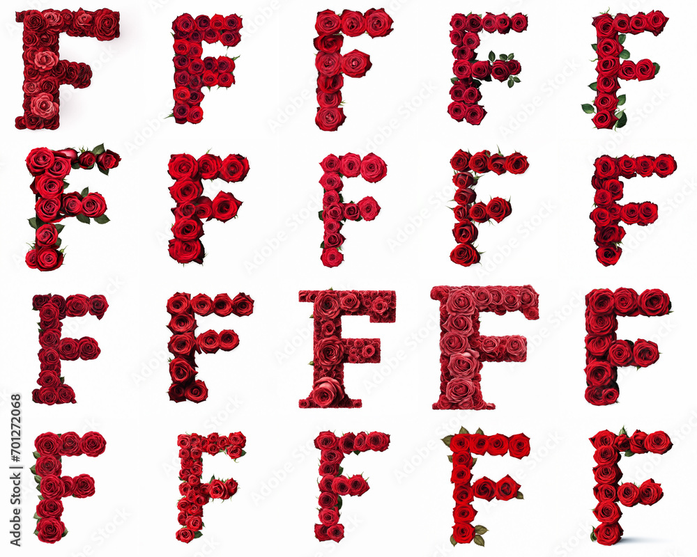 Group of various F shaped letters made from red rose flowers isolated on white background. Generative ai. Romantic blooming font theme. Group of various F shaped letters made from red rose flowers isolated on white background. Generative ai. Romantic blooming font theme.
