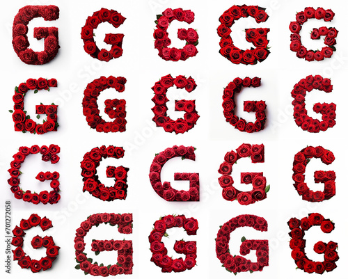 Group of various G shaped letters made from red rose flowers isolated on white background. Generative ai. Romantic blooming font theme.