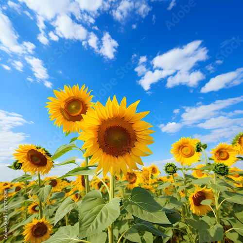 A field of sunflowers under a bright blue sky.