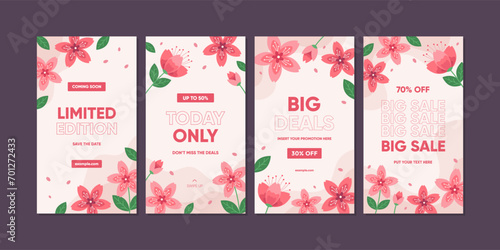 Set of spring promotional sale backgrouds with sakura branch. Cherry blossoms social media template collection photo