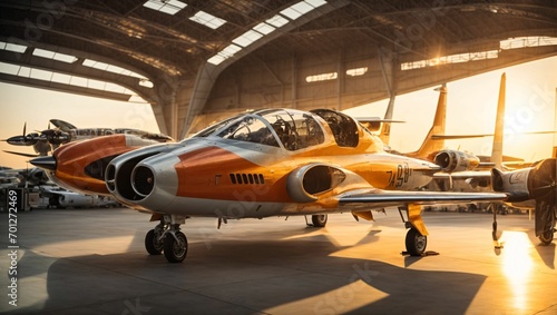 Sunset Hangar with Retro-Futuristic Aircraft": A hangar filled with retro-futuristic aircraft, reminiscent of an alternate timeline from the past. generative ai