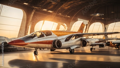 Sunset Hangar with Retro-Futuristic Aircraft": A hangar filled with retro-futuristic aircraft, reminiscent of an alternate timeline from the past. generative ai