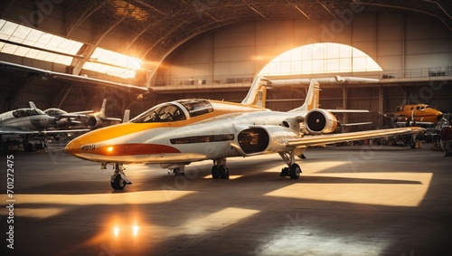 Sunset Hangar with Retro-Futuristic Aircraft": A hangar filled with retro-futuristic aircraft, reminiscent of an alternate timeline from the past. generative ai