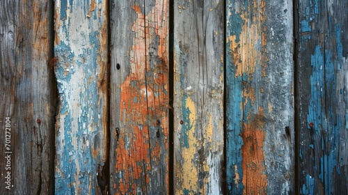 Weathered barn wood texture with rustic planks and faded paint. © Jelena