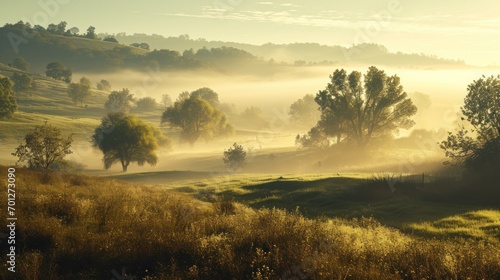 Hazy mist texture over a serene landscape with soft light and calmness. © Jelena