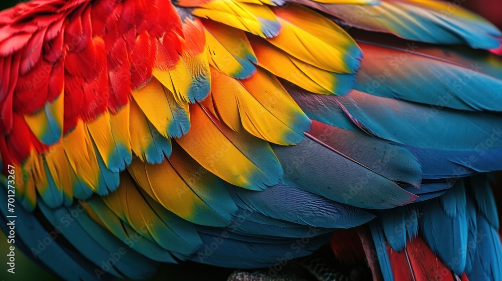 Obraz premium Colorful macaw feather texture with vibrant hues and detailed patterns.