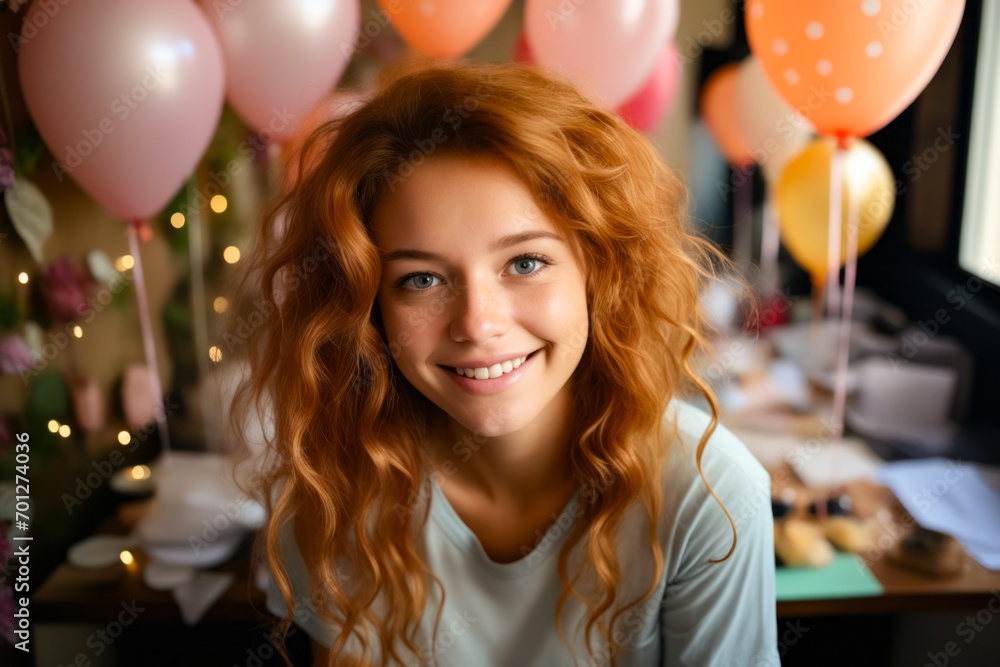 Woman with red hair and blue eyes smiles at the camera.