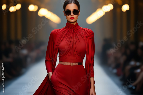 Woman in red dress and sunglasses on runway.