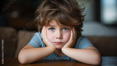 A sad boy with his face resting on his hands. He is wearing a blue short-sleeved t-shirt.