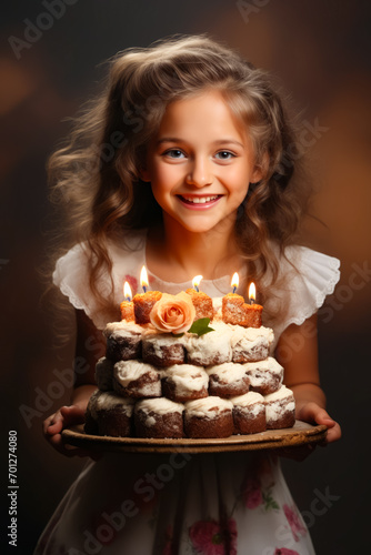 Little girl holding plate with cake on it.