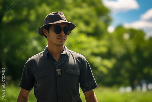 Man wearing hat and sunglasses standing in field.