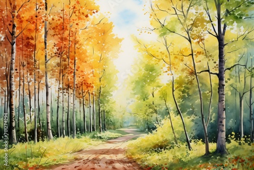 Step into an enchanted scene with this golden pathway through an autumn forest, depicted in watercolor artistry