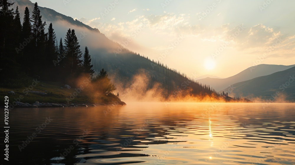 Fototapeta premium Serene mountain lake at sunrise with mist rising and calm waters.