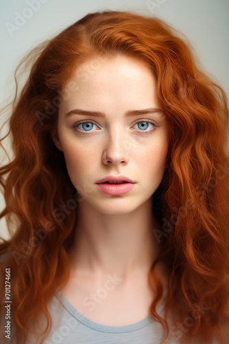 Woman with red hair and blue eyes is looking at the camera.