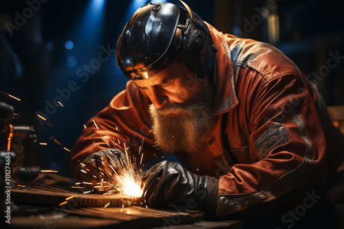 Man in leather jacket and goggles working on piece of metal.