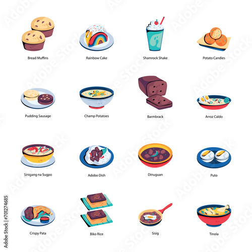 Set of Savoury and Sweet Cuisines Flat Icons 

