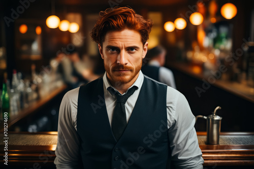 Man with red hair and beard wearing vest.