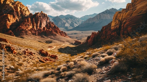 Red rock canyon with layered formations and a vibrant desert ecosystem. © Jelena