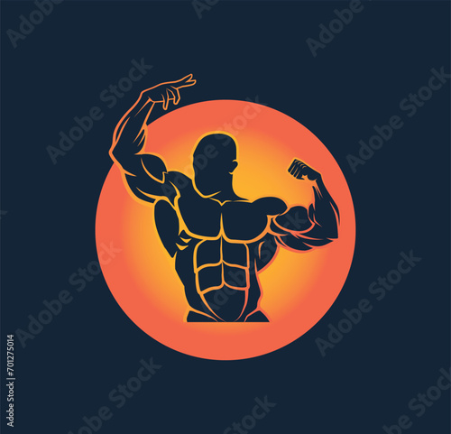 Strong bodybuilder posing emblem design