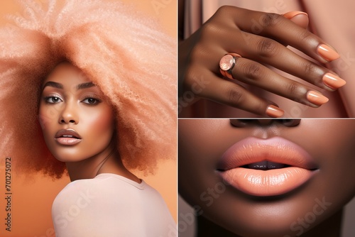 pastel peach inspired beautiful beauty collage with peachy afro hair, lipstick and nail polish photo