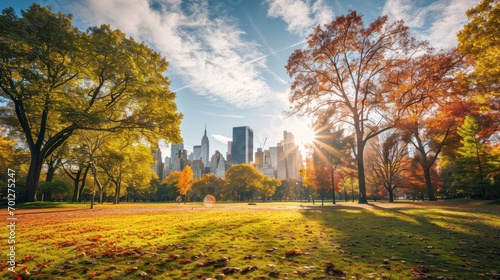 Bustling city park in autumn with colorful leaves and urban skyline.