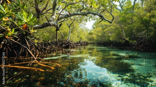 Serene mangrove forest with clear water and rich aquatic life.