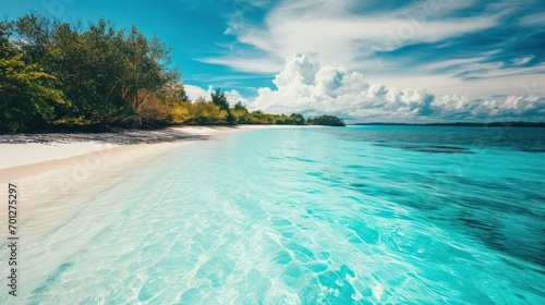 Coastal lagoon with turquoise water and a white sandy beach.