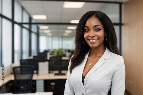 Portrait of a black businesswoman against blurred office with copy space.