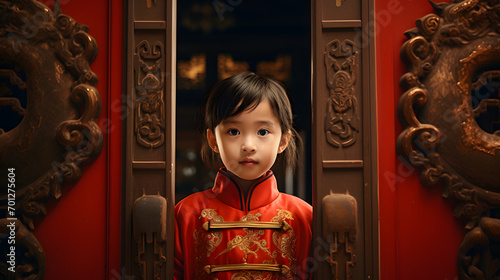 a smiling child in red traditional chinese dress outside of a wooden ornate door photo