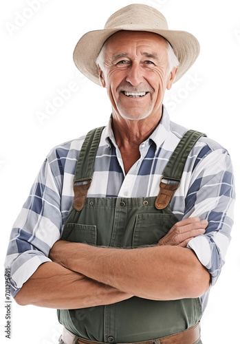Isolated portrait of smiling senior farmer.