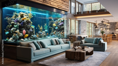 Big aquarium in luxury living room. Modern interior with sea water fishtank. © PaulShlykov