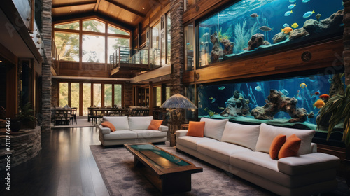 Big aquarium in luxury living room. Modern interior with sea water fishtank.