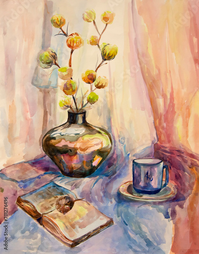 Still Life of Winter. Vase with flowers.Cup of coffee with a book standing on the table