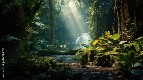 Gorgeous Scenery of a Green Tropical Forest with a River in the Center © tydeline