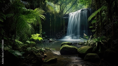 In midday  a tropical forest with a waterfall