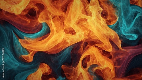 Abstract texture of swirling orange and blue flames.