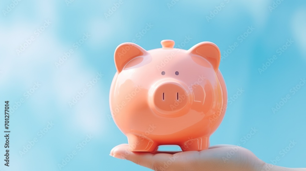 Holding a piggy bank against a soft blue backdrop with one hand. Generative AI